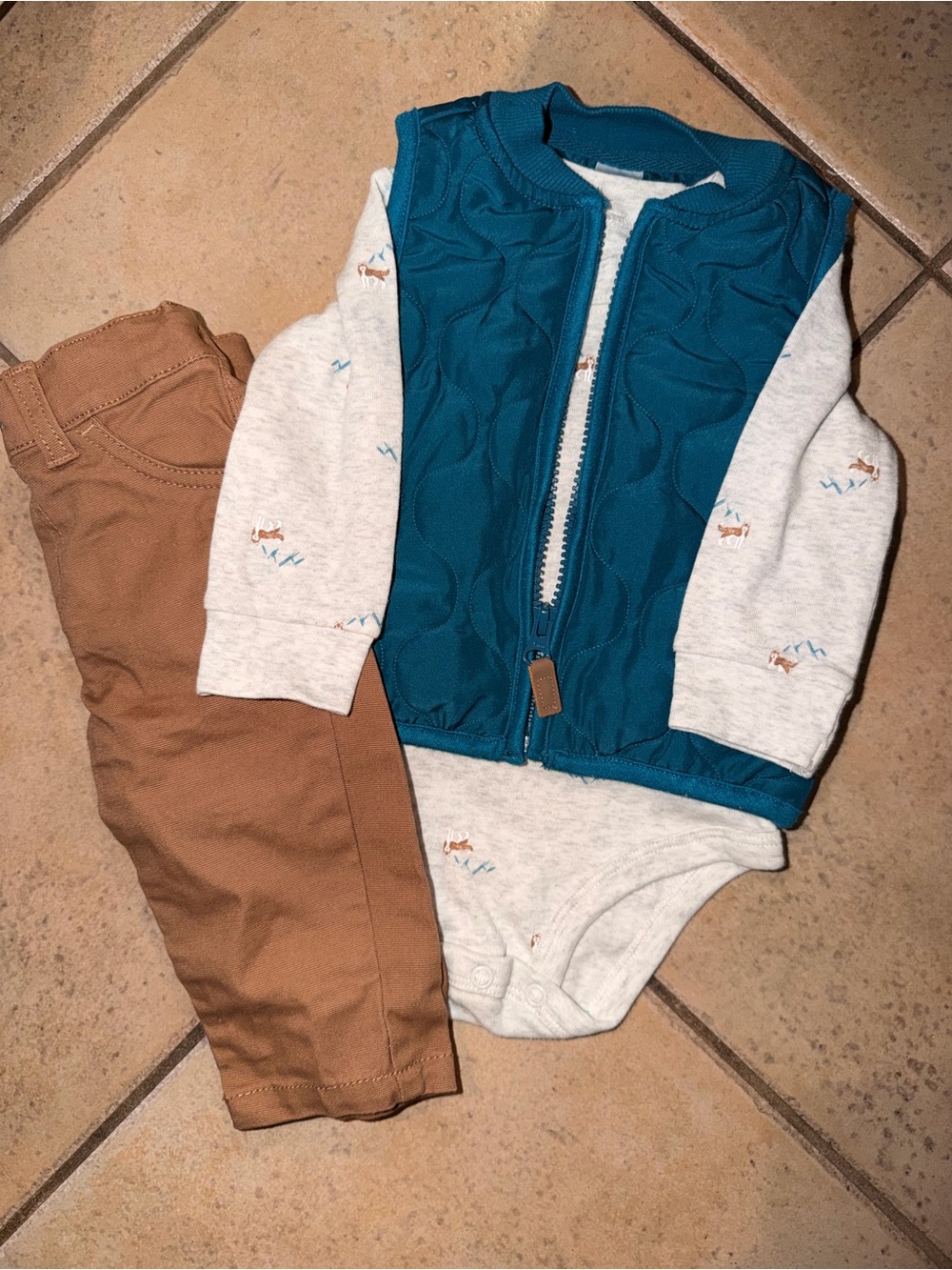 CARTERS Teal Quilted Vest + Cream Onesie & Brown Pants Set + bonus onesie